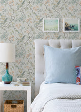 Aviary Garden Aqua by NuWallpaper Waverly Transitional Chinoiserie Bird Floral Peel and Stick Wallpaper 20.5in x 18ft - WVS6473