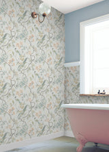 Aviary Garden Aqua by NuWallpaper Waverly Transitional Chinoiserie Bird Floral Peel and Stick Wallpaper 20.5in x 18ft - WVS6473