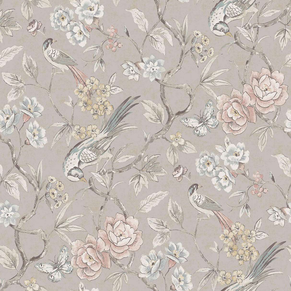 Aviary Garden Grey Peel and Stick Wallpaper by NuWallpaper - Chinoiserie Bird and Floral Pattern - WVS6474