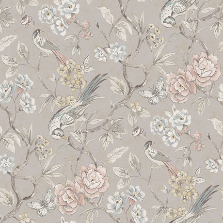 Aviary Garden Grey Peel and Stick Wallpaper by NuWallpaper - Chinoiserie Bird and Floral Pattern - WVS6474