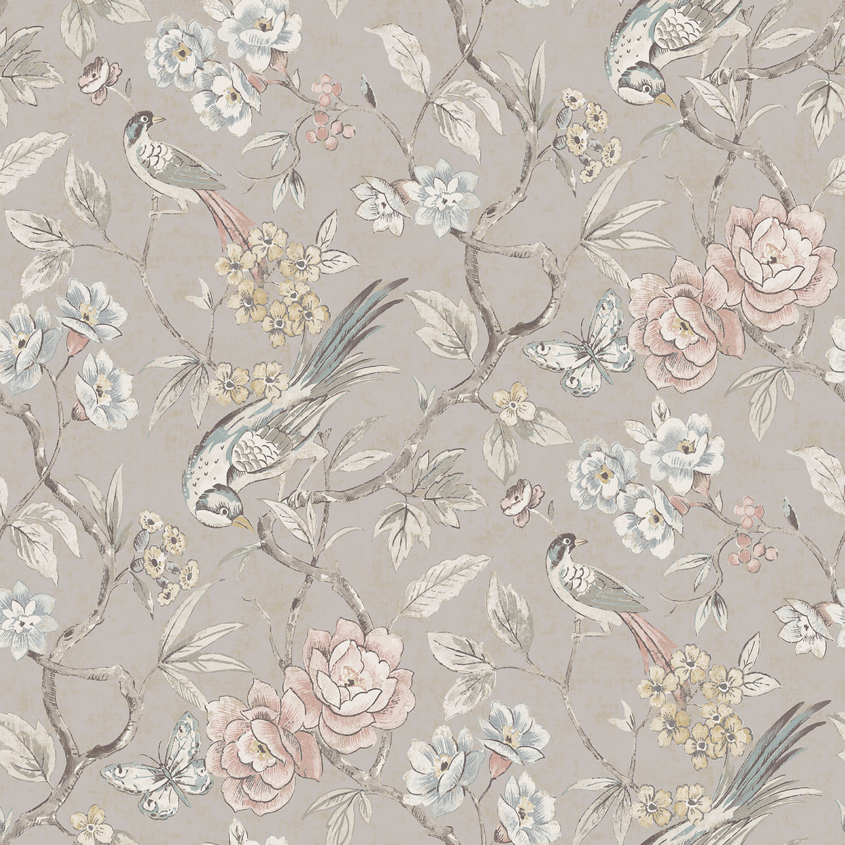 Aviary Garden Grey Peel and Stick Wallpaper by NuWallpaper - Chinoiserie Bird and Floral Pattern - WVS6474