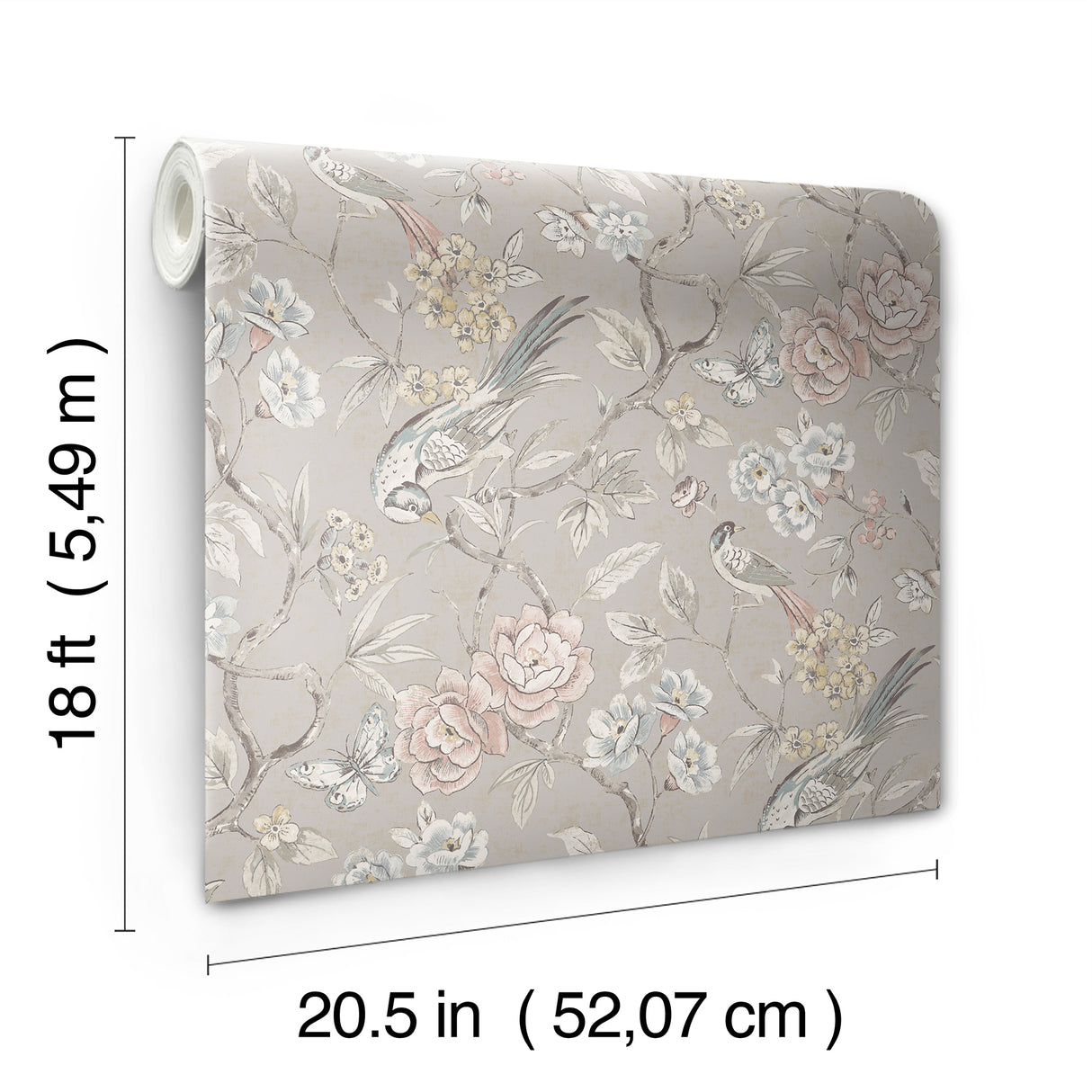 Aviary Garden Grey by NuWallpaper Waverly Chinoiserie Bird and Floral Transitional Peel and Stick Vinyl Wallpaper Roll 20.5in x 18ft - WVS6474