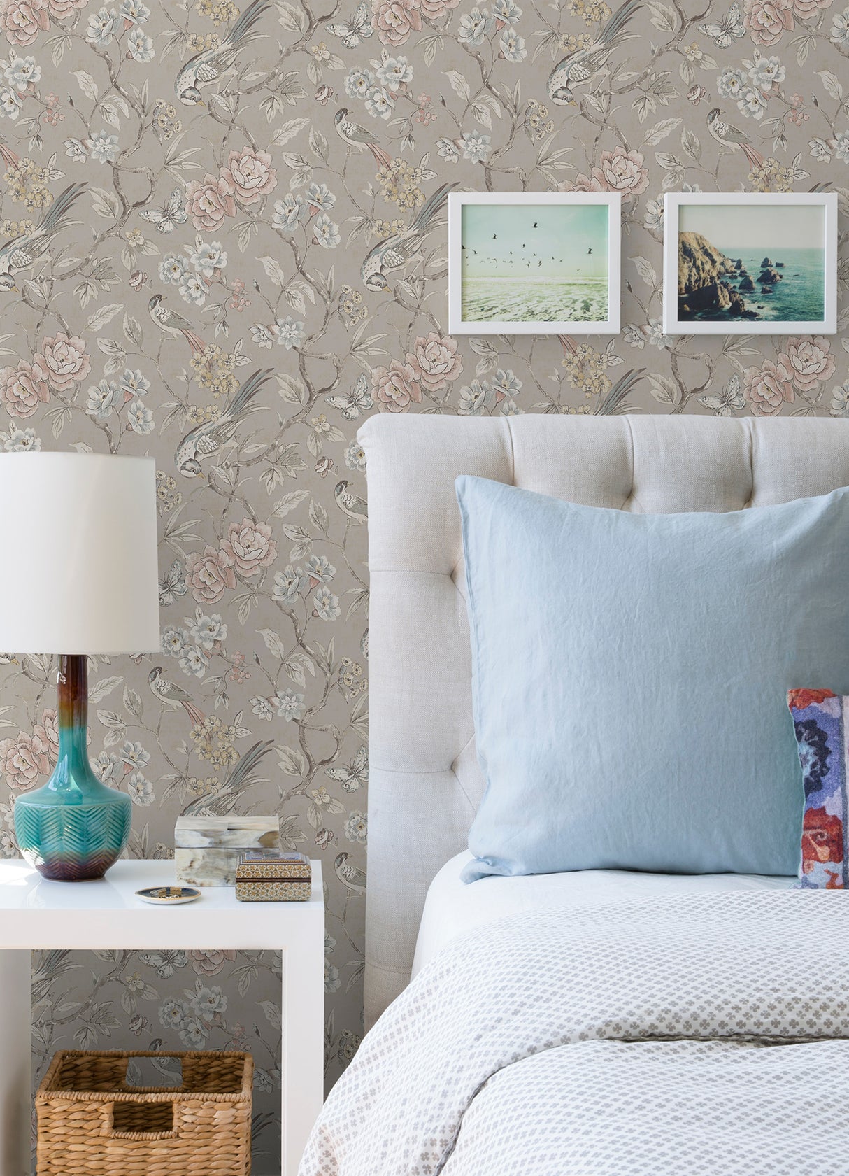 Aviary Garden Grey by NuWallpaper Waverly Chinoiserie Bird and Floral Transitional Peel and Stick Vinyl Wallpaper Roll 20.5in x 18ft - WVS6474