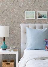 Aviary Garden Grey by NuWallpaper Waverly Chinoiserie Bird and Floral Transitional Peel and Stick Vinyl Wallpaper Roll 20.5in x 18ft - WVS6474