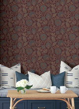 Indira Aster Maroon by NuWallpaper from Waverly Vintage Burgundy Botanical Floral Trail Fully Removable Peel and Stick Wallpaper - WVS6479