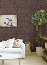 Indira Aster Maroon by NuWallpaper from Waverly Vintage Burgundy Botanical Floral Trail Fully Removable Peel and Stick Wallpaper - WVS6479