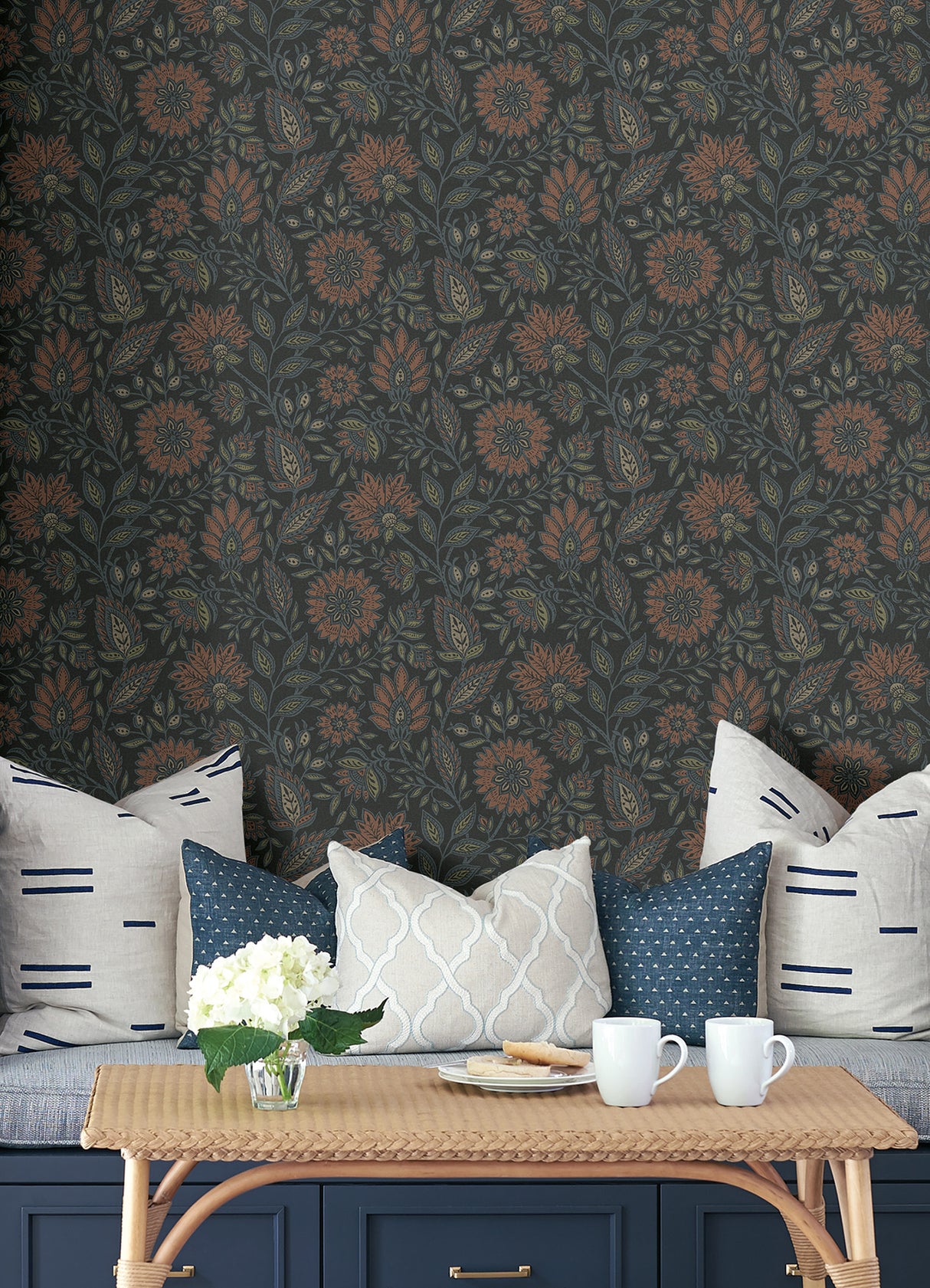 Indira Aster Charcoal Vintage-Inspired Botanical Floral Peel and Stick Wallpaper by NuWallpaper from Waverly - WVS6480