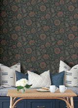 Indira Aster Charcoal Vintage-Inspired Botanical Floral Peel and Stick Wallpaper by NuWallpaper from Waverly - WVS6480
