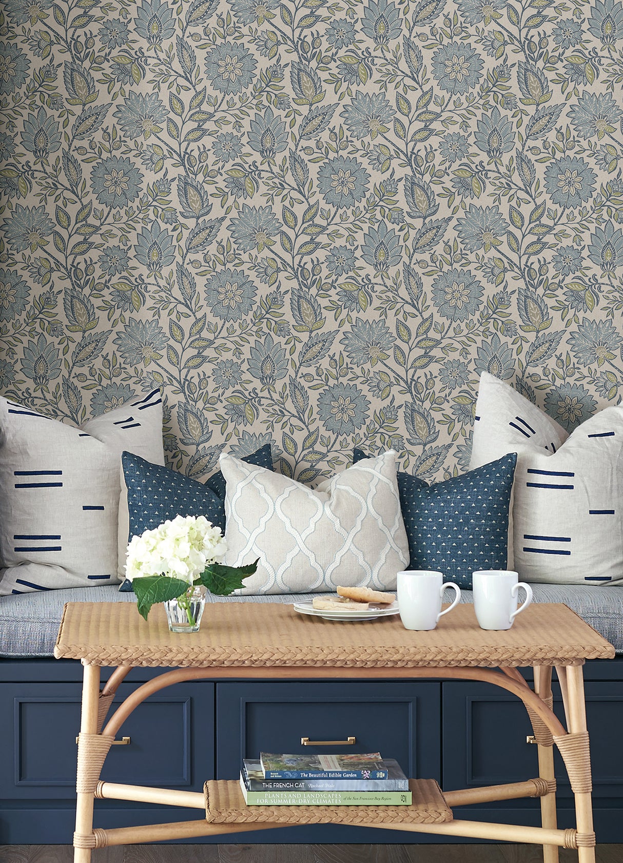Indira Aster Blue by NuWallpaper Waverly Vintage-Inspired Blue and White Botanical Floral Peel and Stick Fully Removable Wallpaper - WVS6481