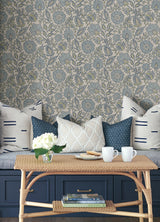 Indira Aster Blue by NuWallpaper Waverly Vintage-Inspired Blue and White Botanical Floral Peel and Stick Fully Removable Wallpaper - WVS6481