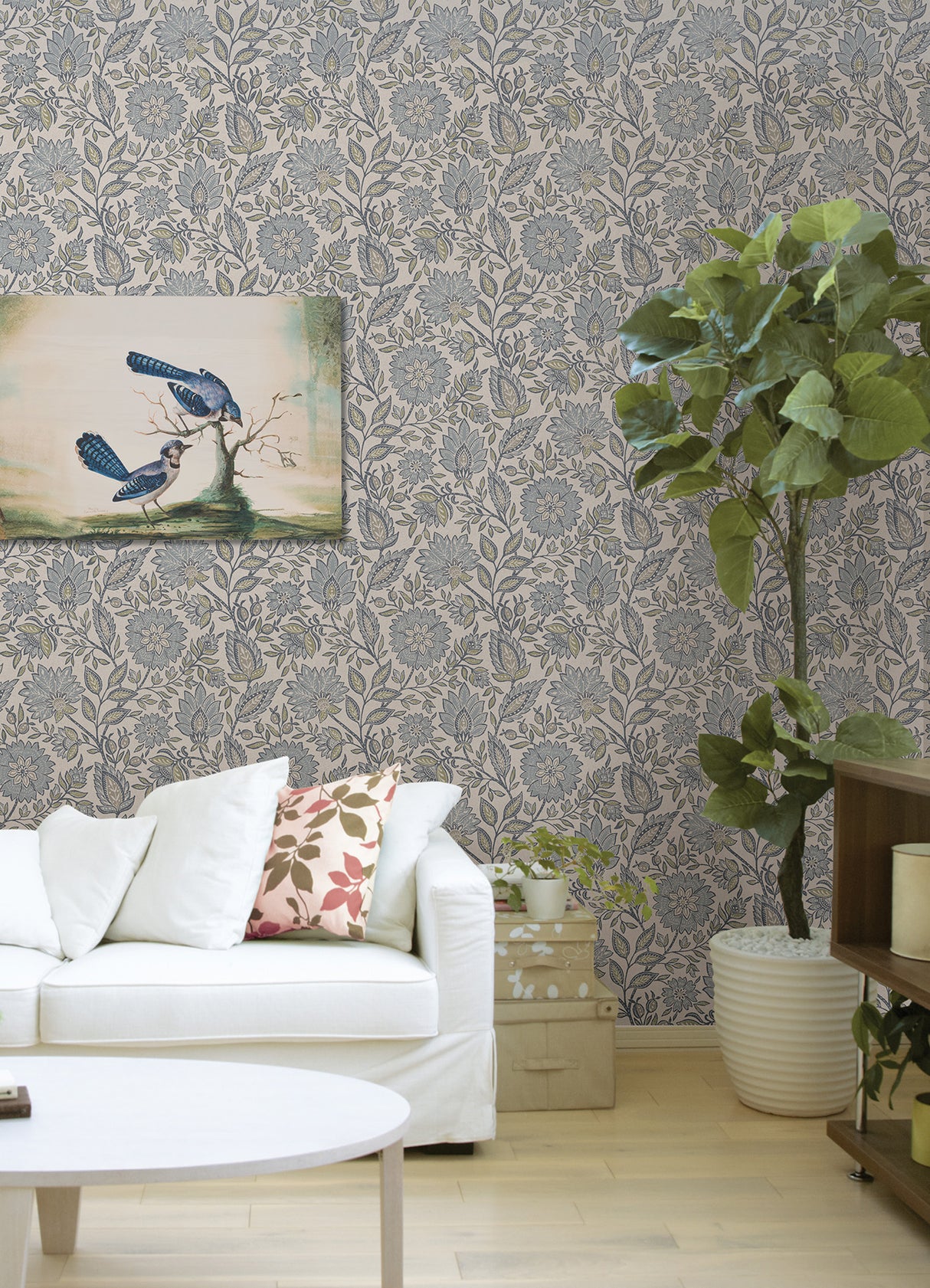 Indira Aster Blue by NuWallpaper Waverly Vintage-Inspired Blue and White Botanical Floral Peel and Stick Fully Removable Wallpaper - WVS6481