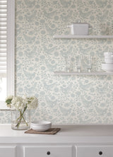 Winged Serenade Blue by NuWallpaper Waverly Folk-Inspired Bird and Floral Vine Fully Removable Transitional Peel and Stick Wallpaper - WVS6482
