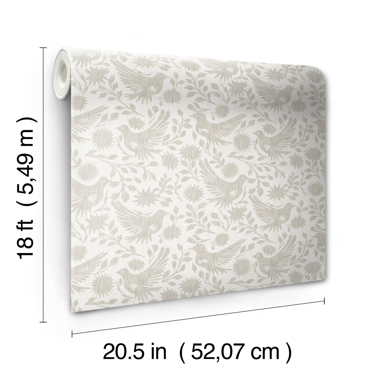 Winged Serenade Taupe by NuWallpaper Transitional Folk-Inspired Bird Floral and Leafy Vine Peel and Stick Wallpaper from Waverly - WVS6483