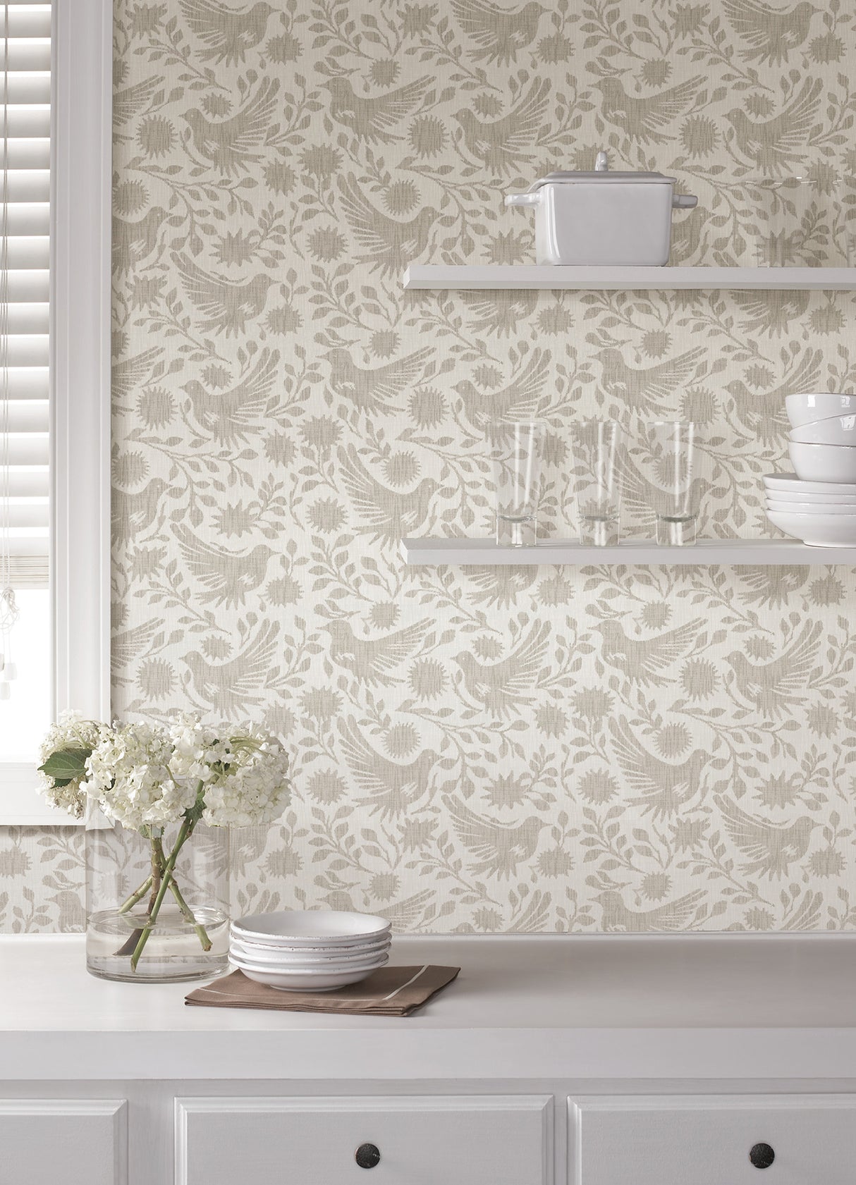 Winged Serenade Taupe by NuWallpaper Transitional Folk-Inspired Bird Floral and Leafy Vine Peel and Stick Wallpaper from Waverly - WVS6483