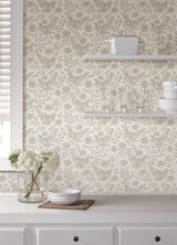 Winged Serenade Taupe by NuWallpaper Transitional Folk-Inspired Bird Floral and Leafy Vine Peel and Stick Wallpaper from Waverly - WVS6483