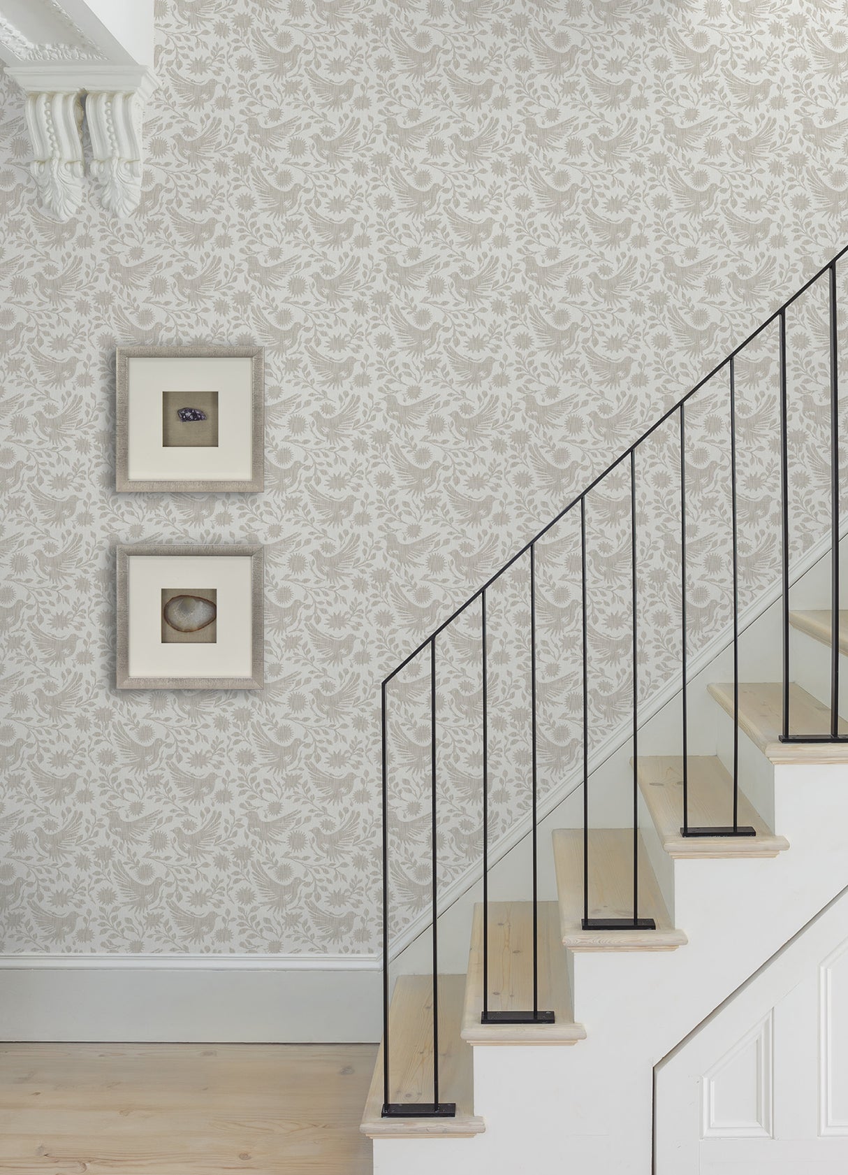 Winged Serenade Taupe by NuWallpaper Transitional Folk-Inspired Bird Floral and Leafy Vine Peel and Stick Wallpaper from Waverly - WVS6483