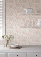 Winged Serenade Pink Peel and Stick Wallpaper by NuWallpaper Waverly Folk-Inspired Birds Florals and Vines Transitional Wallpaper - WVS6484