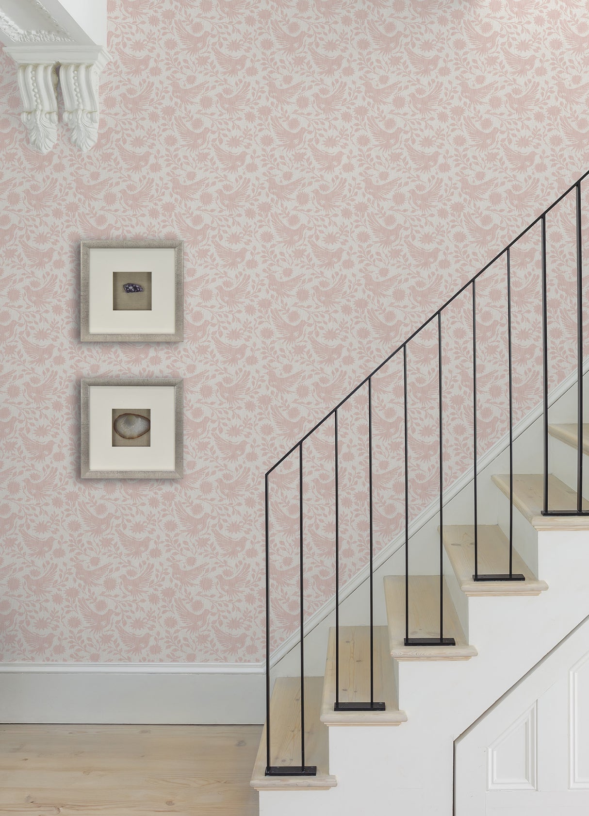 Winged Serenade Pink Peel and Stick Wallpaper by NuWallpaper Waverly Folk-Inspired Birds Florals and Vines Transitional Wallpaper - WVS6484