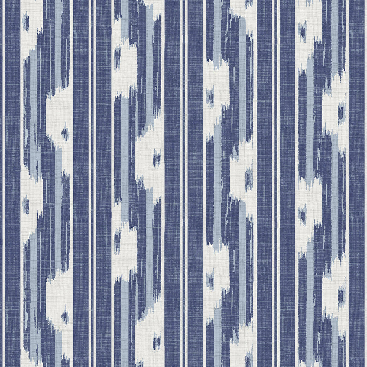 Ojai Blue Peel and Stick Wallpaper featuring a blue and white ikat-inspired vertical stripe pattern by NuWallpaper for Waverly