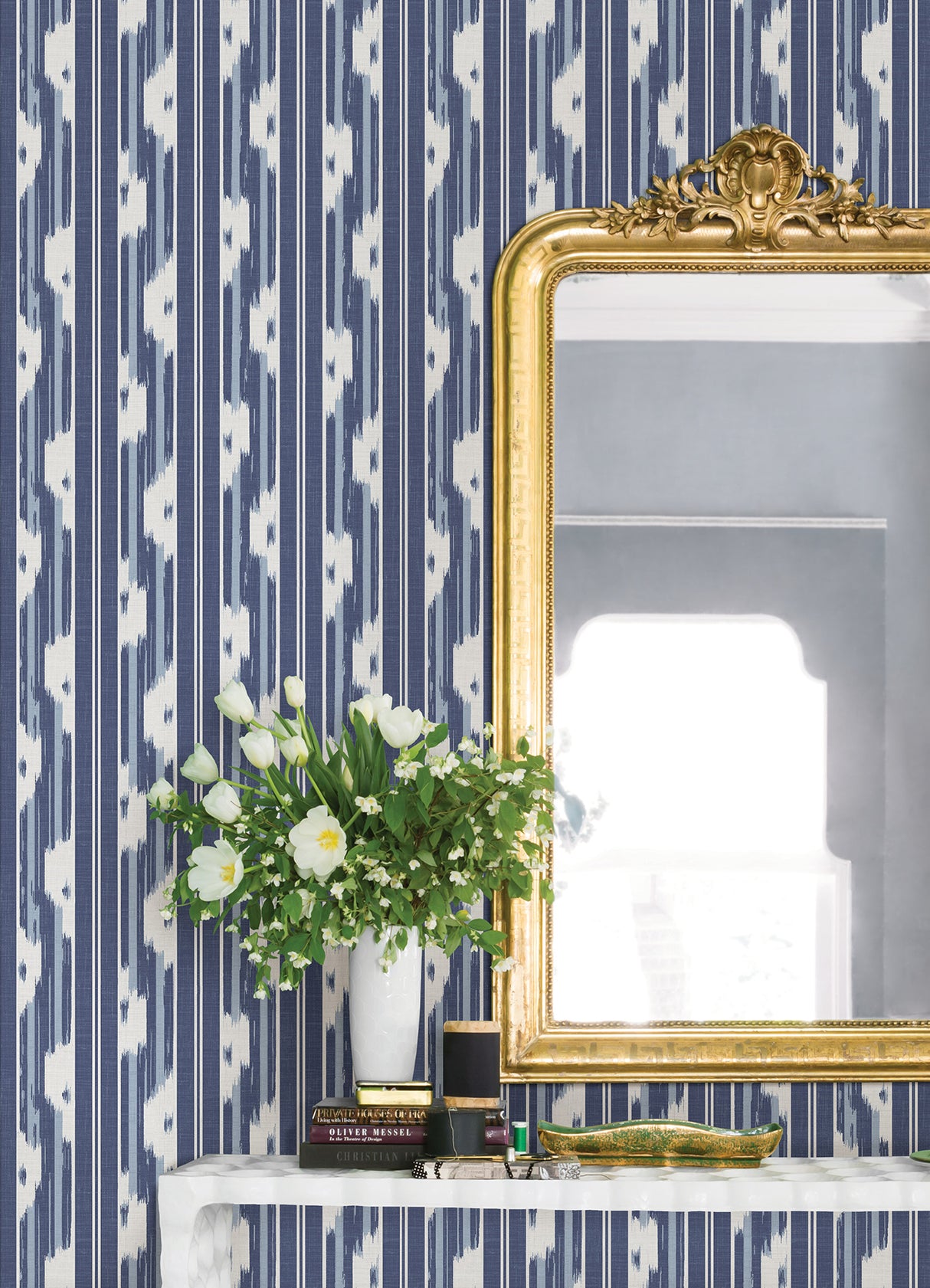 Ojai Blue and White Ikat-Inspired Vertical Stripe Fully Removable Peel and Stick Wallpaper from Waverly by NuWallpaper WallPops - WVS6485