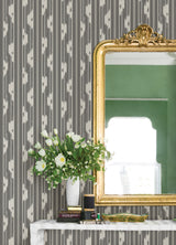Ojai Charcoal by NuWallpaper Grey and White Ikat-Inspired Vertical Stripe Transitional Peel and Stick Wallpaper Waverly Collection - WVS6486