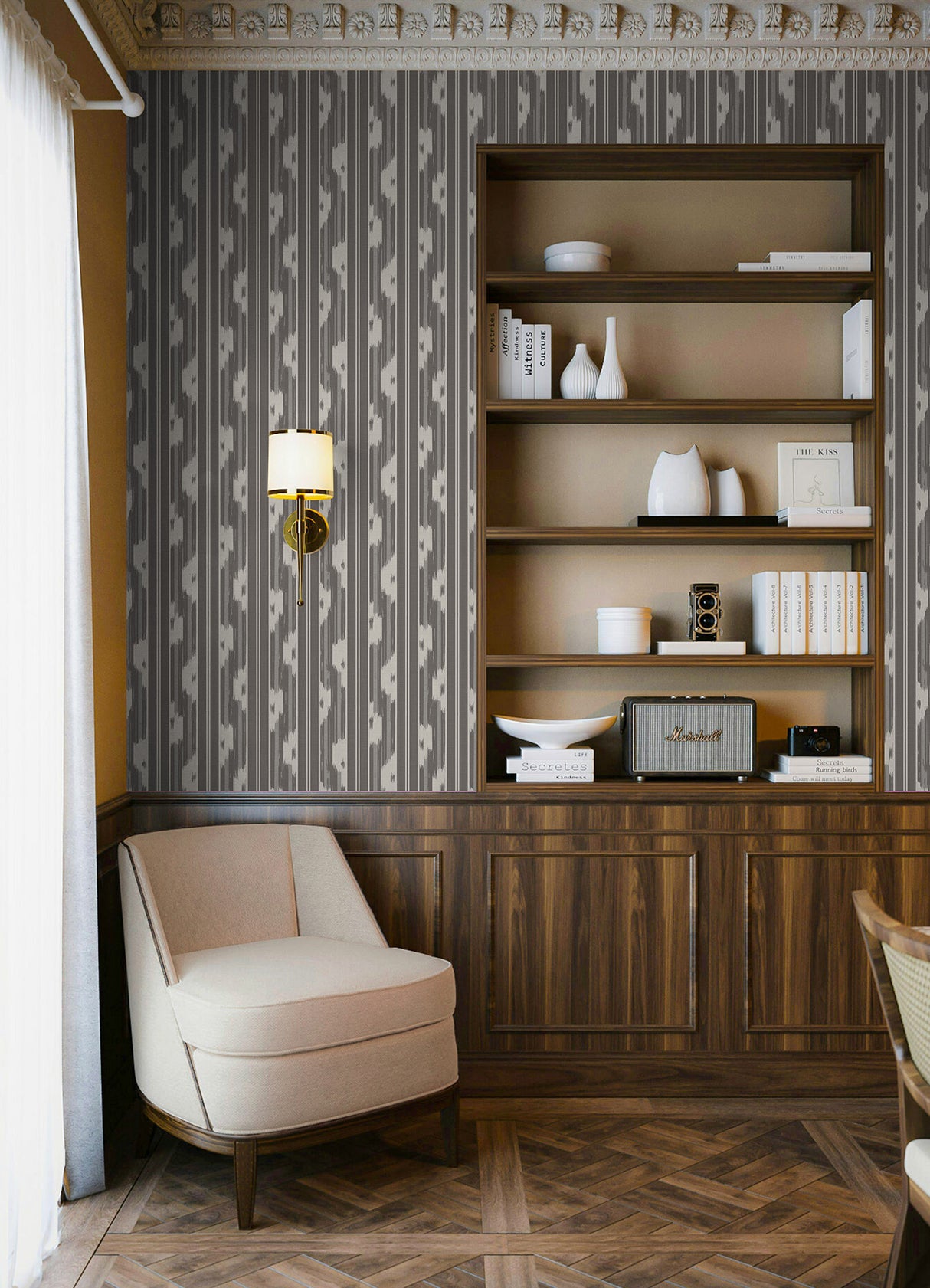 Ojai Charcoal by NuWallpaper Grey and White Ikat-Inspired Vertical Stripe Transitional Peel and Stick Wallpaper Waverly Collection - WVS6486