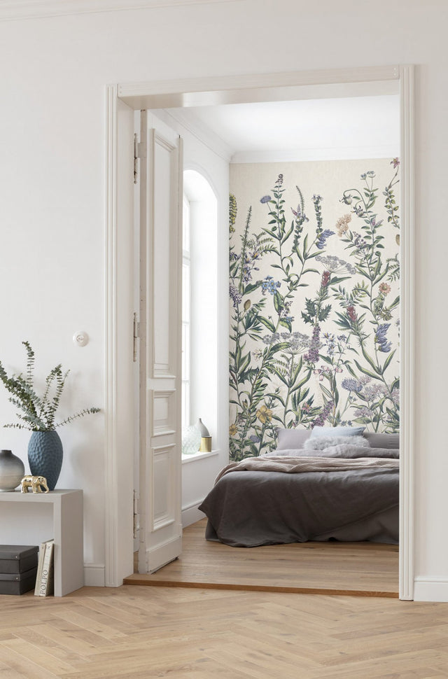 Flowering Herbs Botanical Cream Multicolor Wall Mural with Modern Floral Pattern - Komar X4-1011