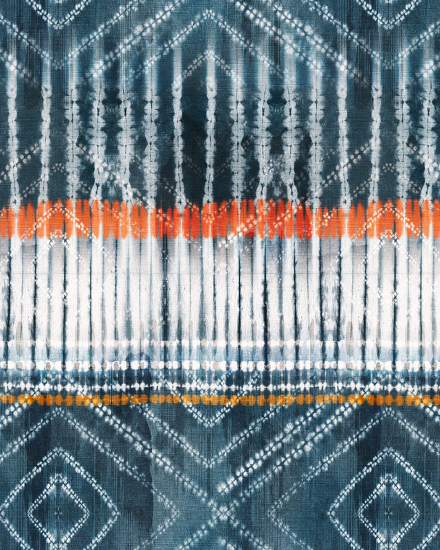 Native Indigo Blue Wall Mural with Shibori Diamond Pattern and Orange Accent - Komar X4-1012