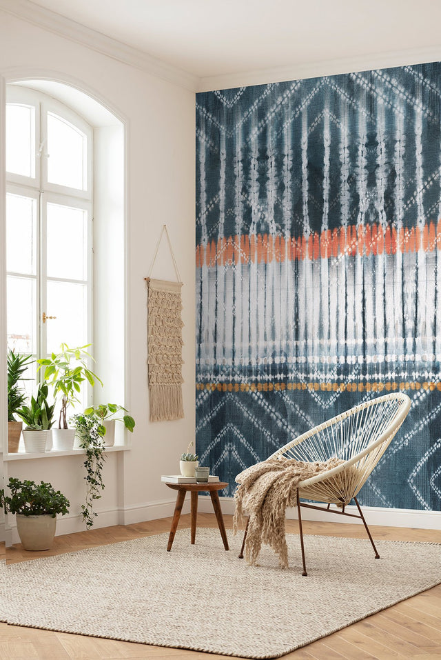 Native Indigo Blue Wall Mural with Shibori Diamond Pattern and Orange Accent - Komar X4-1012