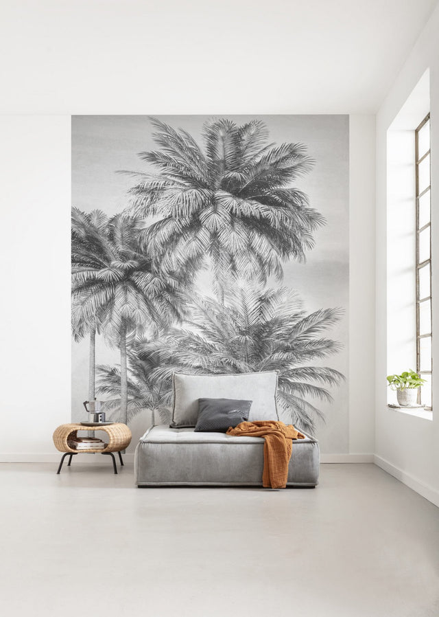 Overcast Palm Greys Wall Mural with Black & White Trees Pattern - Komar X4-1019