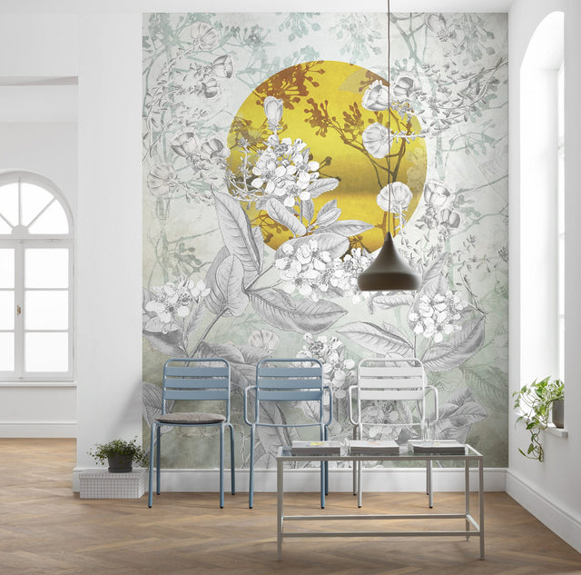 Karma Gray Botanical Flowers Wall Mural with Golden Sun Motif - Komar X4-1020