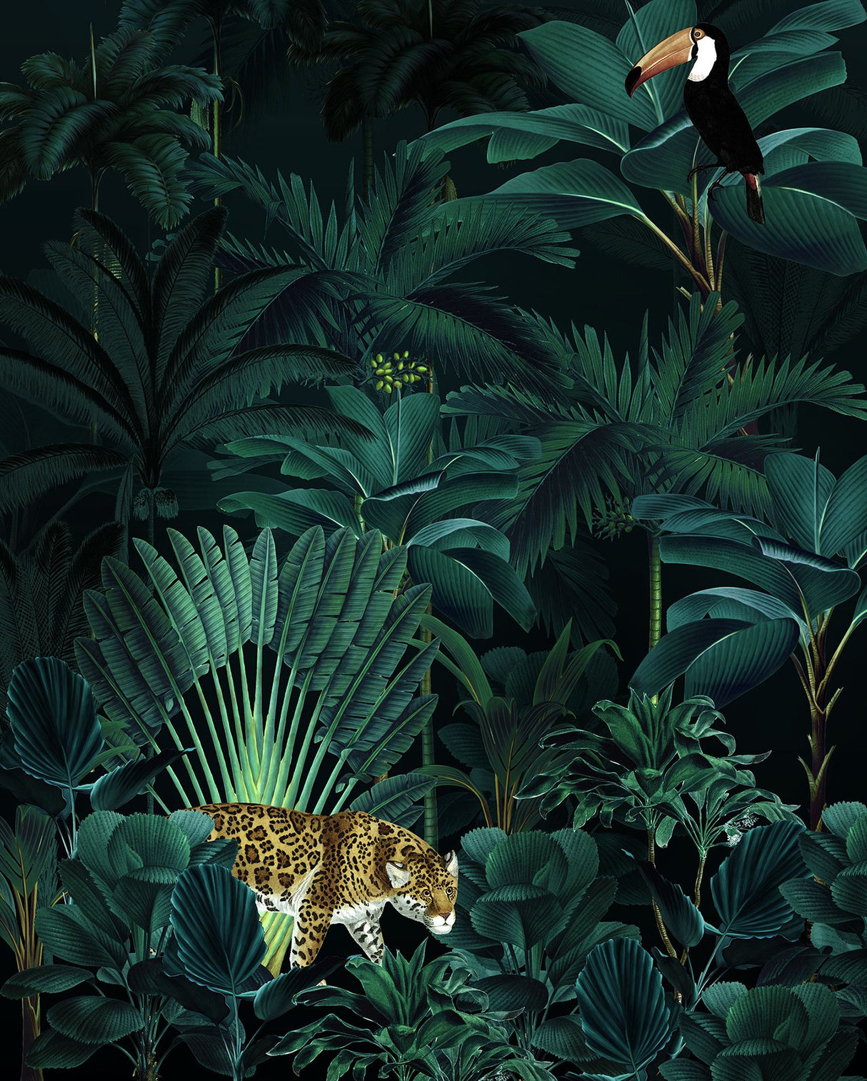 Jungle Night Green Wall Mural with Botanical Leaves Scenic Pattern - Komar X4-1027