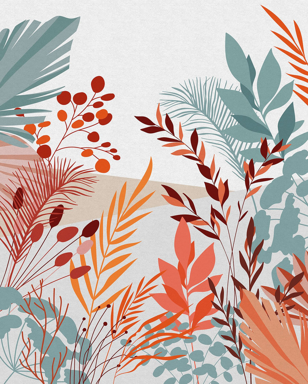 Aspiring Colours Tropical Leaves Wall Mural in Teal and Orange - Komar X4-1073
