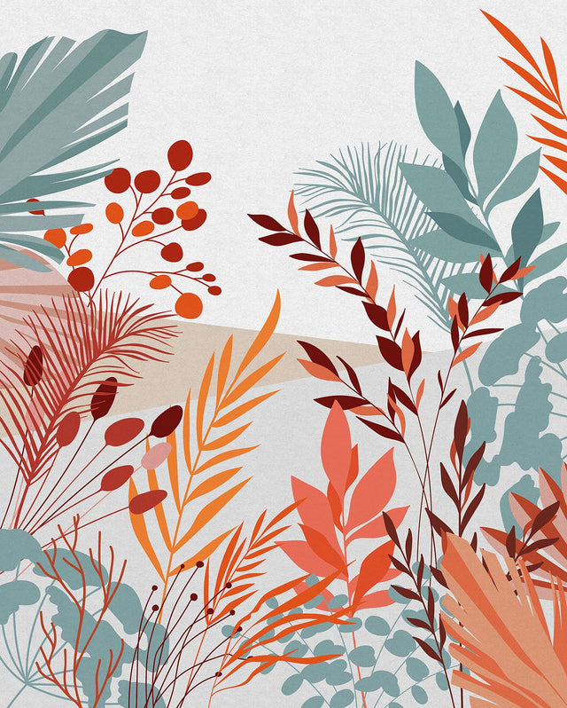 Aspiring Colours Tropical Leaves Wall Mural in Teal and Orange - Komar X4-1073