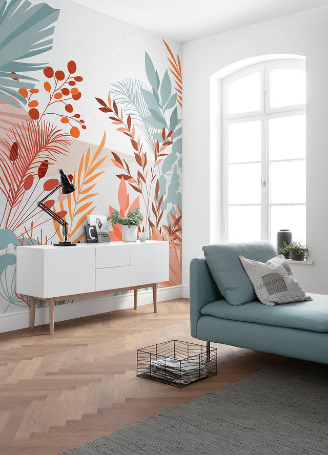 Aspiring Colours Tropical Leaves Wall Mural in Teal and Orange - Komar X4-1073