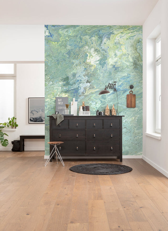 Flow Reflection Teal and Green Marbled Non Woven Wall Mural - Komar X4-1080