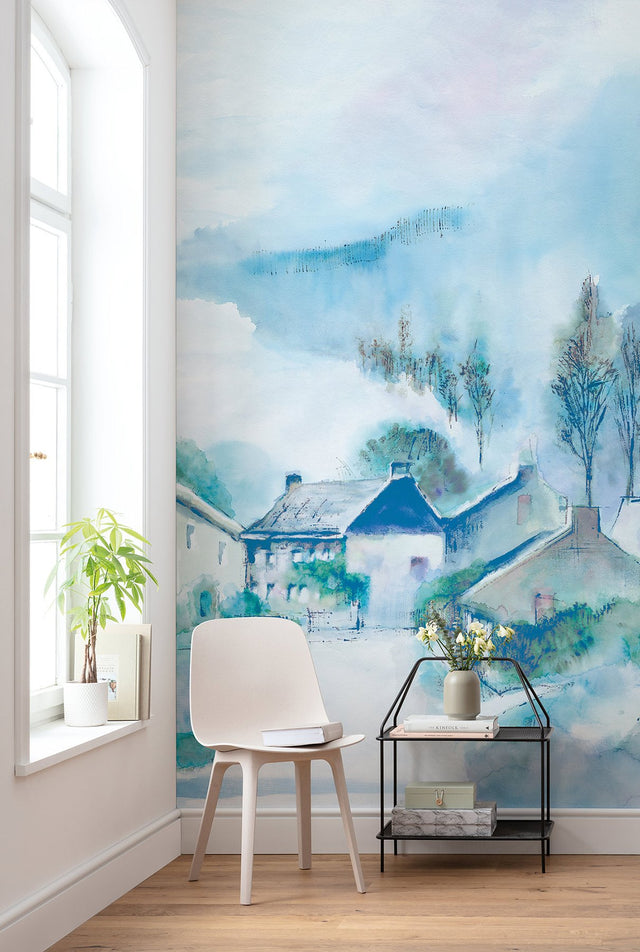 Hamlet Scenic Blue Watercolor Village Wall Mural - Komar X4-1090