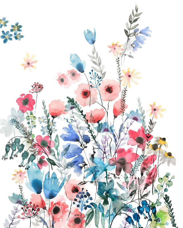 Aquitaine Multicolor Wall Mural with Whimsical Floral Watercolor Pattern - Komar X4-1099