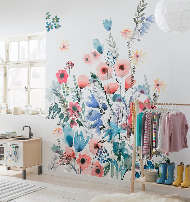 Aquitaine Multicolor Wall Mural with Whimsical Floral Watercolor Pattern - Komar X4-1099