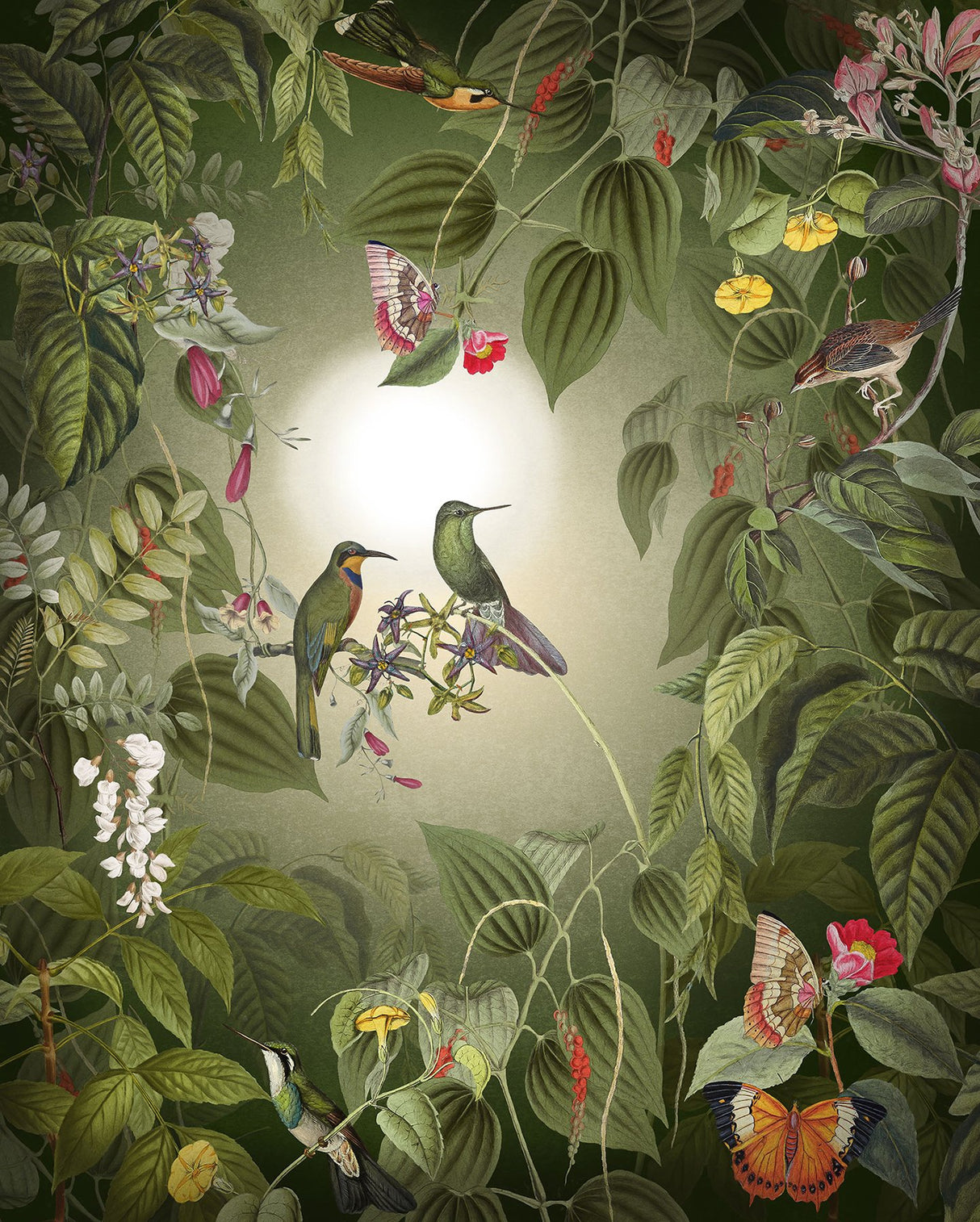 Wildlife Birds Green Wall Mural with Hummingbirds and Butterflies - Komar X4-1100