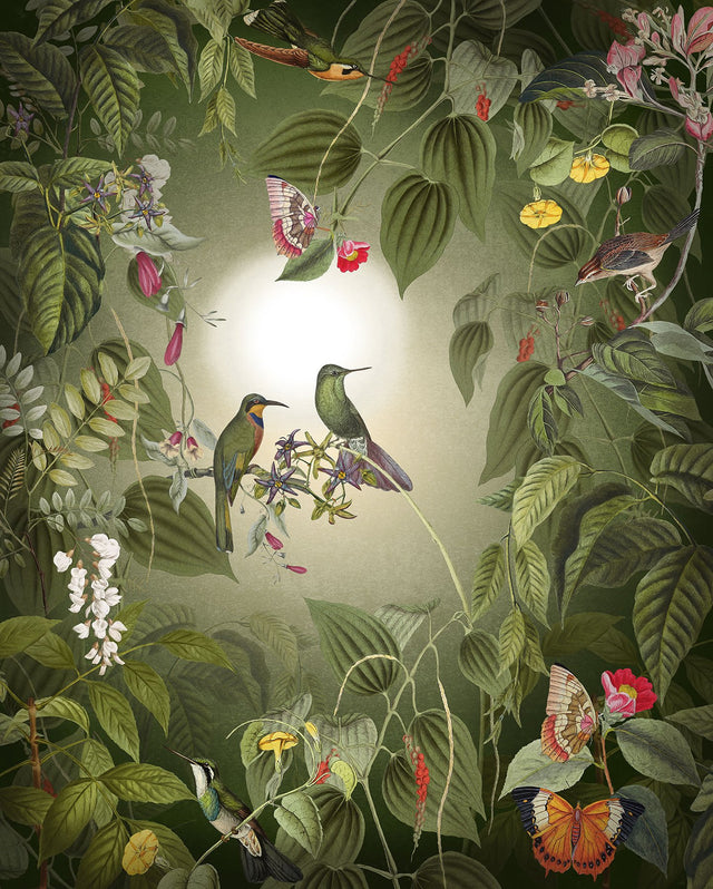 Wildlife Birds Green Wall Mural with Hummingbirds and Butterflies - Komar X4-1100