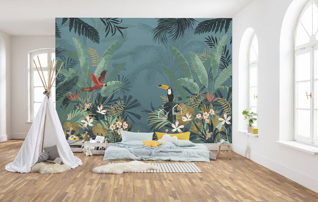 Enchanted Jungle Blue Wall Mural with Tropical Birds & Foliage - Komar X7-1013