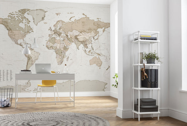 Earth Map Neutral Sepia Non Woven Wall Mural with Vintage Map Pattern - Komar X7-1015