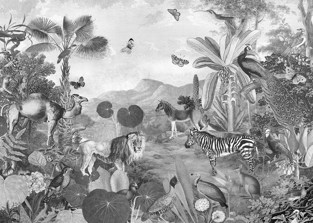 Flora & Fauna Black and White Scenic Wall Mural with Novelty Jungle Animals - Komar X7-1016