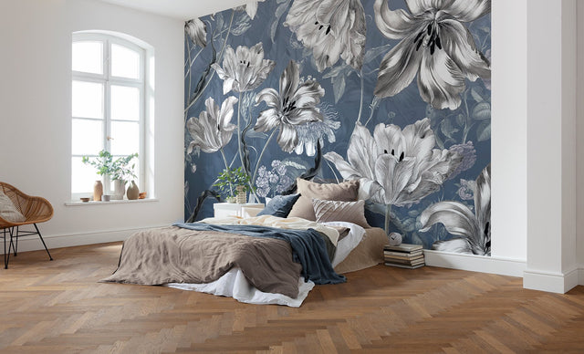 Merian Blue Silver Florals Non Woven Wall Mural - Komar X7-1041