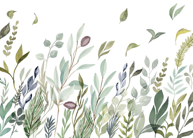 Breeze Green Botanical Leaves Wall Mural with Scandinavian Watercolor Motif - Komar X7-1042