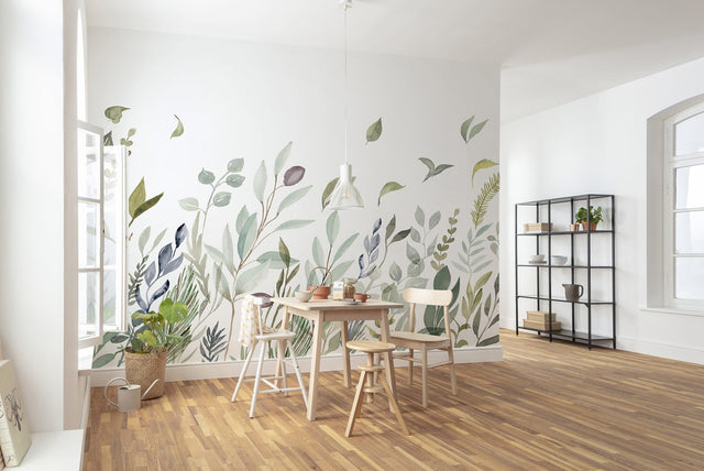 Breeze Green Botanical Leaves Wall Mural with Scandinavian Watercolor Motif - Komar X7-1042