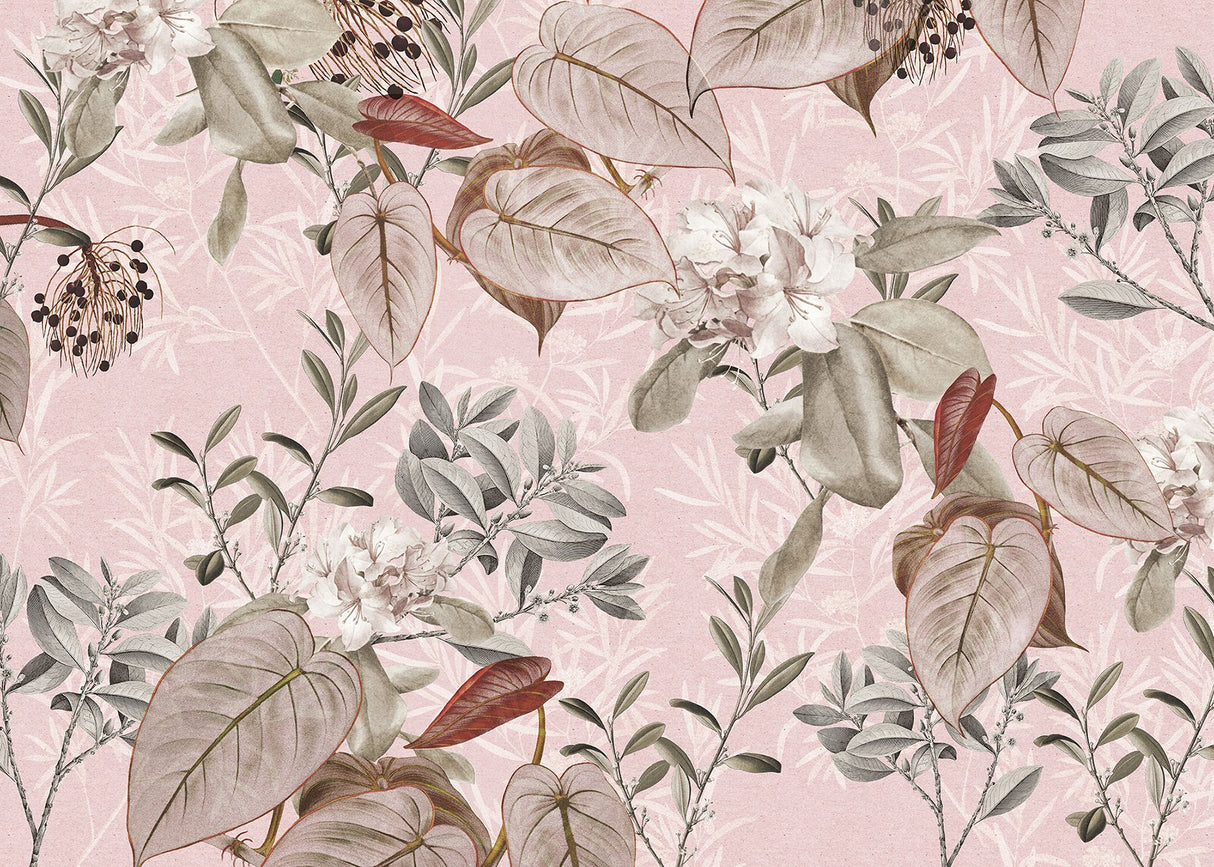 Blush Branches Pink Botanical Wall Mural with Vintage Floral Pattern - Komar X7-1043