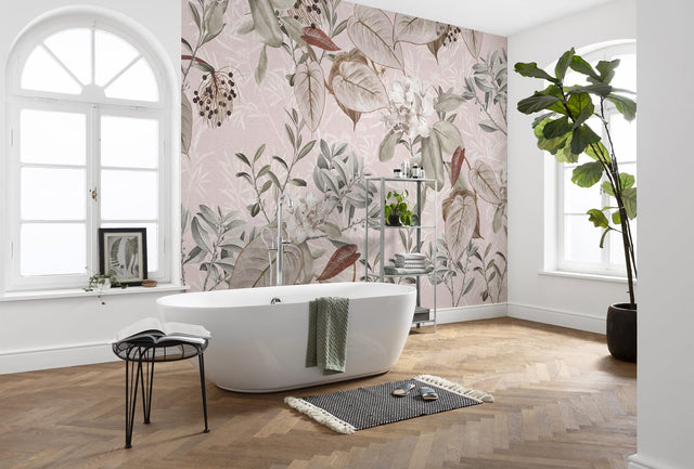 Blush Branches Pink Botanical Wall Mural with Vintage Floral Pattern - Komar X7-1043