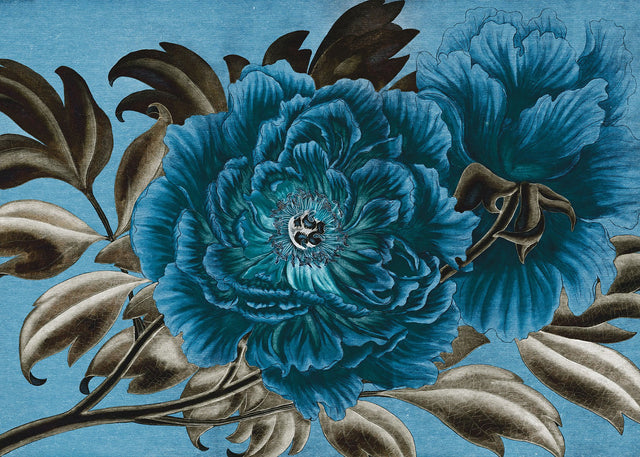 Royal Peony Blue Floral Wall Mural with Traditional Nature Motif - Komar X7-1074